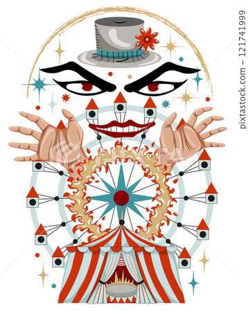 Design vector cartoon illustration with circus carnival ten, carousel, magician and crazy clown for mascot, t-shirt, stickers, clipart isolated on white.  121741999