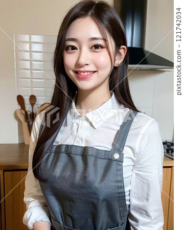 有圍裙的微笑的一名婦女 121742034