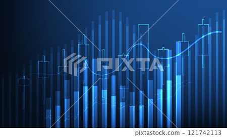 business and finance concept. bar graph and candlestick chart with lines on blue background business and finance concept. bar graph and candlestick chart with lines on blue background 121742113