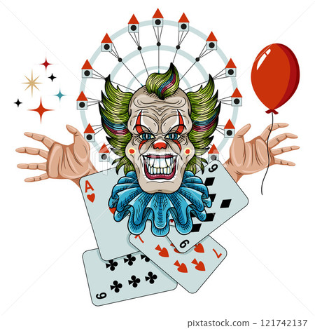 Design vector cartoon illustration with symbols of circus, carousel, crazy, scary clown, hands, poker cards and red balloon for mascot, t-shirt, stickers, clipart isolated on white. Design vector cartoon illustration with symbols of circus, carousel, crazy, scary clown, hands, poker cards and red balloon for mascot, t-shirt, stickers, clipart isolated on white. 121742137