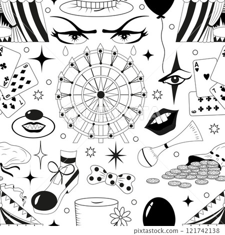 Seamless line art pattern with vector circus symbols and items with magic eyes, clown mask, carousel, carnival tents, balloon isolated on white background 121742138