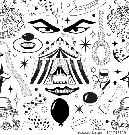 Seamless pattern with circus symbols and items with clowns, carnival tents, carousel, balloon isolated on white. Vector cartoon illustration 121742139