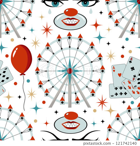 Colorful seamless pattern with circus symbols and items, carousel, red balloon, poker cards and clown mask against white background. Vector cartoon illustration 121742140