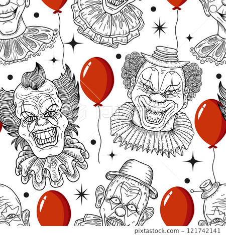 Seamless pattern with scary, crazy clowns faces and red balloon against white background. Vector cartoon illustration 121742141