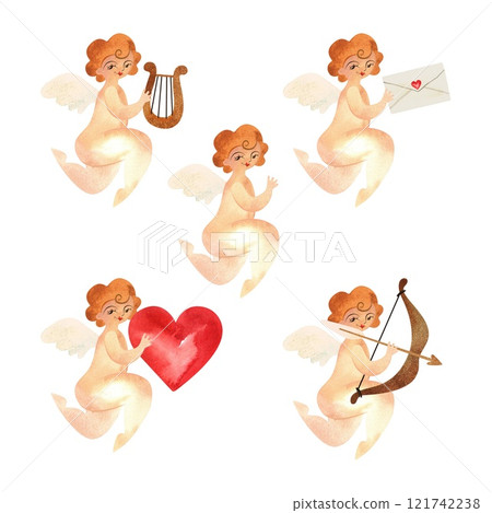 Set of five cherubs with lyre, heart, letter, bow and arrow. Cupid, Cupid. Characters for valentine cards. Isolated watercolor illustration. 121742238