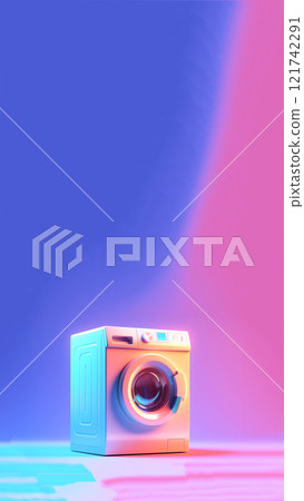 A vertical reel showcasing a purple washing machine and dryer, with a playful and minimal design. The clean, modern setup features ample copy space, ideal for adding a funny or lighthearted message 121742291