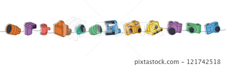 Photo camera set one line colored continuous drawing. External flash, film roll, vintage camera, photo lens with shutter, instant photo camera. 121742518