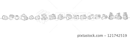 Professional photo camera set one line continuous drawing. External flash, vintage camera, photo lens with shutter, instant and film photo camera. 121742519