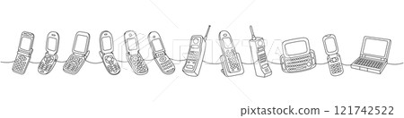 Old phones one line continuous drawing. Flip mobile phones, retro phone, smart phone with keypad. Vector linear illustration. 121742522