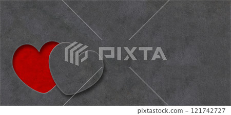 Valentine's day horizontal banner with heart in paper cut style. Mother's day background with cut out heart shape to express love, gratitude. Cutout paper hearts on paper backdrop. Copy space for text Valentine's day horizontal banner with heart in paper cut style. Mother's day background with cut out heart shape to express love, gratitude. Cutout paper hearts on paper backdrop. Copy space for text 121742727