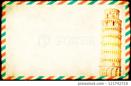 Retro Mail frame postcard with blue and red stripes. Blank letter paper envelope with Leaning Tower of Pisa. Mockup template envelope. Vintage background with paper texture and blank message Retro Mail frame postcard with blue and red stripes. Blank letter paper envelope with Leaning Tower of Pisa. Mockup template envelope. Vintage background with paper texture and blank message 121742728