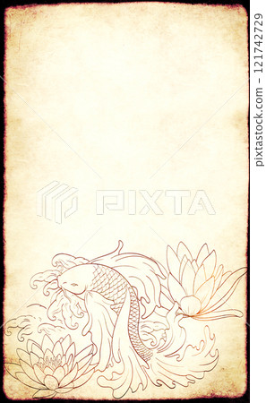 Background with koi fish and lotus flower on grunge texture of retro paper. Vertical retro banner with oriental style etching with japanese carp and water lily. Copy space for text Background with koi fish and lotus flower on grunge texture of retro paper. Vertical retro banner with oriental style etching with japanese carp and water lily. Copy space for text 121742729