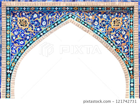 Detail of ancient mosaic arch with floral and geometric ornament. Traditional tile decoration on wall. Detail of arch with tile decor. Isolated on white background Detail of ancient mosaic arch with floral and geometric ornament. Traditional tile decoration on wall. Detail of arch with tile decor. Isolated on white background 121742731
