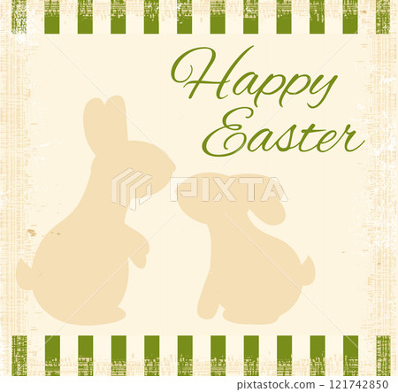 Square Happy Easter card in retro style with silhouette of two cute rabbits. Vintage Easter background with bunny in cozy shabby chic style. Vector illustration EPS8 Square Happy Easter card in retro style with silhouette of two cute rabbits. Vintage Easter background with bunny in cozy shabby chic style. Vector illustration EPS8 121742850