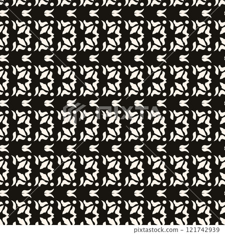 Simple minimalist floral pattern. Minimal seamless texture with small flower shapes. Abstract black and white geometric background. For print, package 121742939