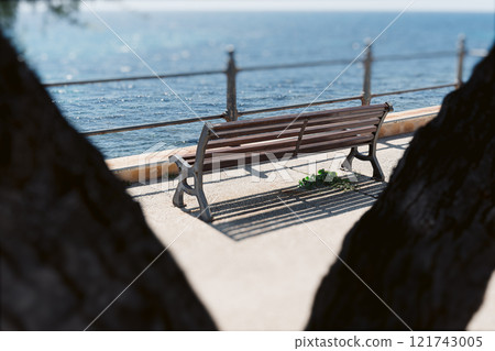 Peaceful scene of a bench in the shade by the sea Peaceful scene of a bench in the shade by the sea 121743005