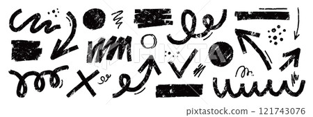 Brush line shape background abstract texture paint set. Hand drawn sketch doodle scribble brush geometric shape crayon effect background. Abstract arrow, circle, zigzag vector 121743076