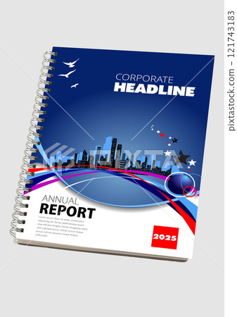 Modern annual report cover design featuring a city skyline and abstract shapes Modern annual report cover design featuring a city skyline and abstract shapes 121743183