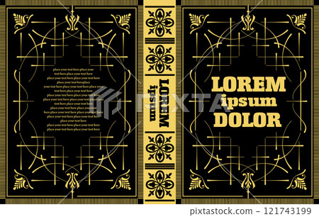 Elegant gold and black cover design featuring floral ornaments, perfect for books, invitations, and more 121743199