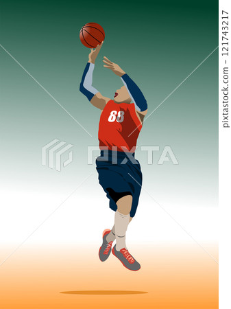 Basketball player jumping through the air, preparing to shoot a basket 121743217