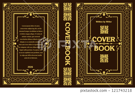 This sophisticated book cover design features ornate gold frames on a black background, perfect for adding a touch of elegance to any publication 121743218