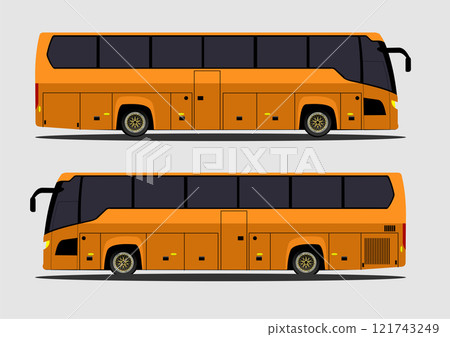 Orange coach bus driving on highway and parked on white background, side view 121743249
