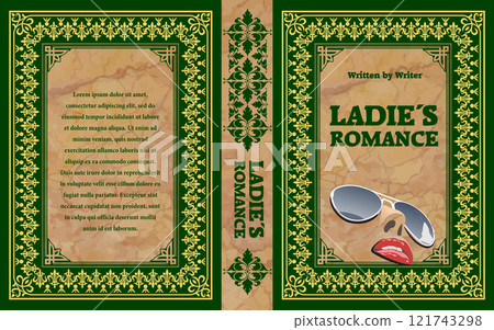 Book cover design featuring sunglasses and red lips on a marble background, with a green and gold ornamental frame Book cover design featuring sunglasses and red lips on a marble background, with a green and gold ornamental frame 121743298