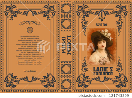 Elaborate book cover design featuring a woman wearing a hat and ornate floral patterns Elaborate book cover design featuring a woman wearing a hat and ornate floral patterns 121743299