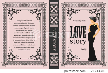 Woman in a black dress is posing on the cover of a love story book with an elegant ornate frame Woman in a black dress is posing on the cover of a love story book with an elegant ornate frame 121743300