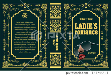Book cover design featuring a woman wearing sunglasses, with elegant gold and green floral patterns Book cover design featuring a woman wearing sunglasses, with elegant gold and green floral patterns 121743301