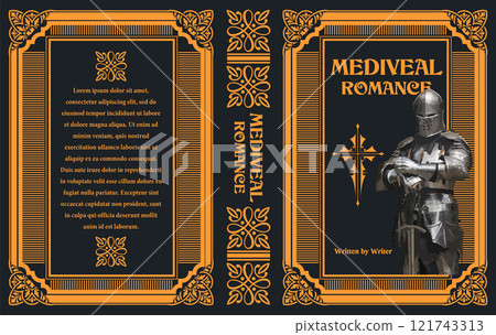 Book cover design featuring medieval elements and a knight standing with folded arms Book cover design featuring medieval elements and a knight standing with folded arms 121743313