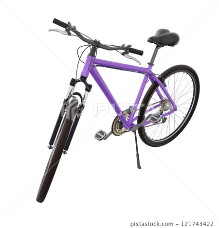 Purple bicycle standing while leaning on kickstand, side front view. Bike resting on kick stand. Png clipart isolated on transparent background 121743422