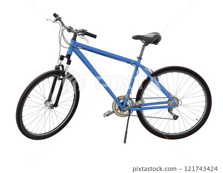 Blue bicycle standing while leaning on kickstand, side view. Bike resting on kick stand. Png clipart isolated on transparent background 121743424