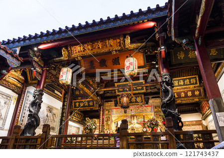The main hall of the Martial God Temple in Tainan, Taiwan, enshrined statues of Guan Sheng Di Jun. 121743437