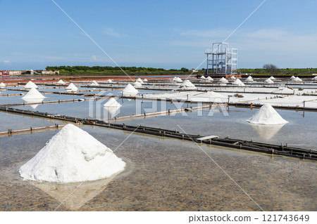 View of the Jingzaijiao Tile-Paved Salt Fields in Tainan, Taiwan, one of the Southwest Coast National Scenic Area attractions. View of the Jingzaijiao Tile-Paved Salt Fields in Tainan, Taiwan, one of the Southwest Coast National Scenic Area attractions. 121743649