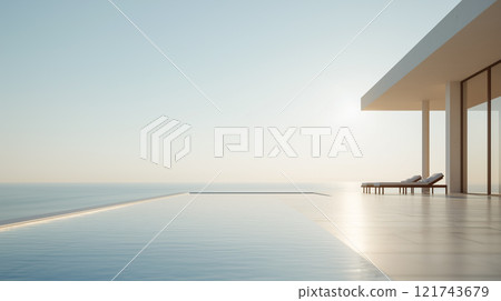 Contemporary outdoor space with sleek infinity pool 121743679