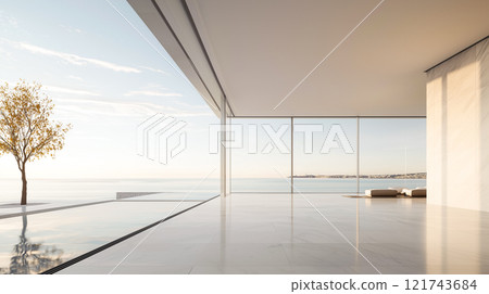 Contemporary outdoor space with sleek infinity pool 121743684