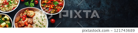 Festive dining experience with bowls of rice, meat, and vegetables for celebration 121743689