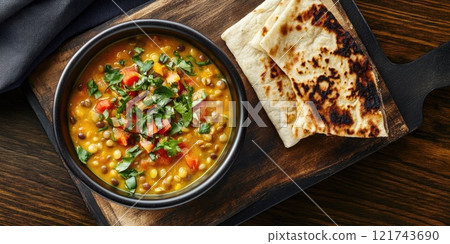 Delicious lentil soup with fresh herbs and flatbread on wooden board. Perfect for cozy winter meals 121743690