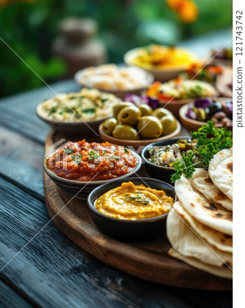 Ramadan feast arrangement with pita bread and olives for festive decoration 121743742