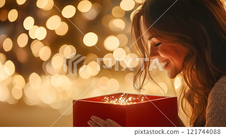一個女人在發光的禮物盒前微笑 121744088