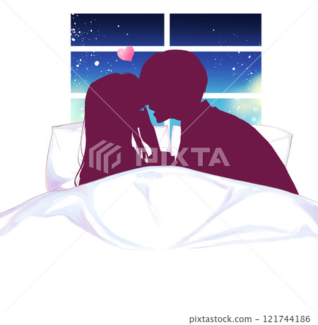 Man approaching woman, pajamas, bed, window, silhouette 121744186