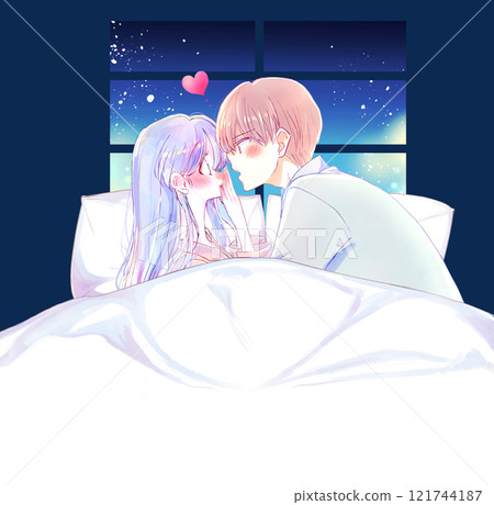 Man approaching woman, pajamas, bed, serious, window Man approaching woman, pajamas, bed, serious, window 121744187