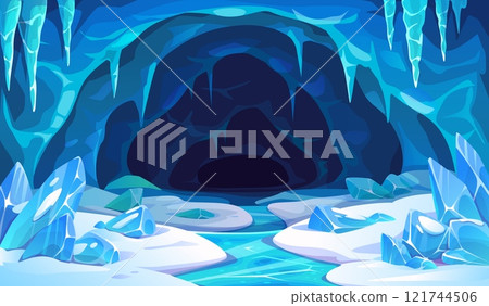Ice cave landscape with snow vector background. Cartoon mountain winter frozen cave, arctic glacier or iceberg cavern, ice crystals, stalactites and icicles. Winter nature landscape game background 121744506