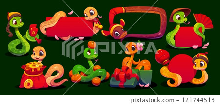 Chinese lunar new year funny cartoon snakes with banners and decorations. Vector reptiles with red money envelopes, mandarin fruits, gold coins and festive props like gifts, fans, and frames for Cny 121744513