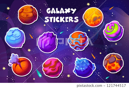 Stickers pack of galaxy alien space planets on starry sky vector background with shooting stars, asteroids and meteors. Cartoon fantasy alien space lava, rock and ice crystal planets stickers set 121744517