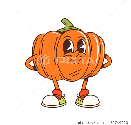 Cartoon groovy pumpkin vegetable character. Farm autumn harvest fresh vegetable comical personage, Halloween holiday symbol cartoon isolated funny character. Ripe pumpkin veggie happy groovy mascot 121744520