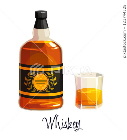 Whiskey alcohol bottle and glass, featuring rich amber tones and a stylish label, evokes warmth, tradition, and a sense of quality. Isolated vector alcohol drink flask representing luxury fine spirits 121744528