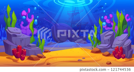 Cartoon underwater landscape game background with sunken pirate ship on tropical coral reef bottom. Vector shipwreck underwater landscape of fish shoals, corals, seaweeds and rocks in blue water Cartoon underwater landscape game background with sunken pirate ship on tropical coral reef bottom. Vector shipwreck underwater landscape of fish shoals, corals, seaweeds and rocks in blue water 121744536