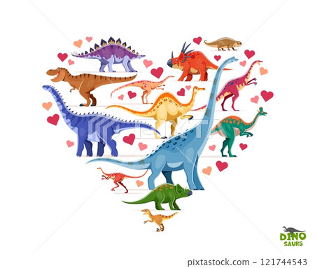 Heart shape, i love dinosaurs banner. Extinct reptile vector personages banner with Jurassic era titanosauria, velociraptor, avaceratops and alvarezsaurus, lambeosaurus, hypselosaurus cute dinosaurs 121744543